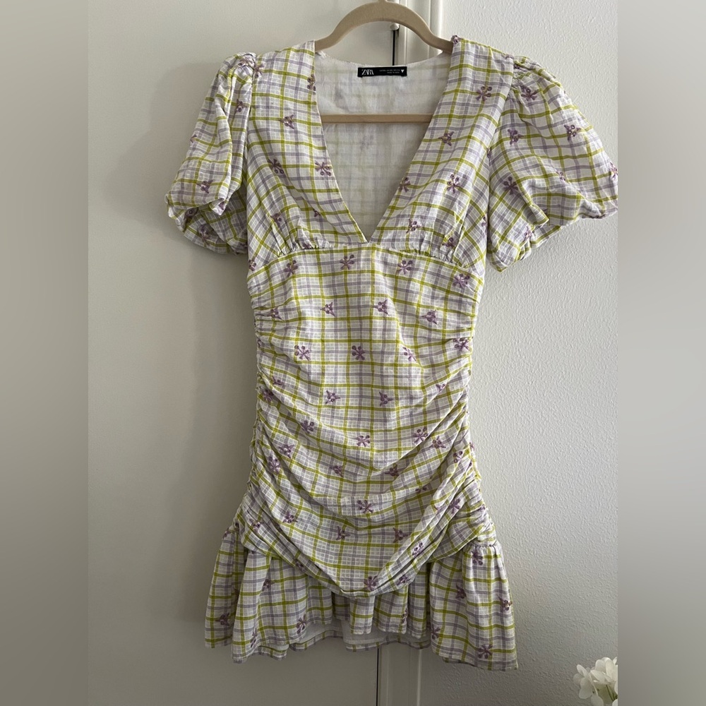 Zara Yellow and Purple Checkered Midi Dress